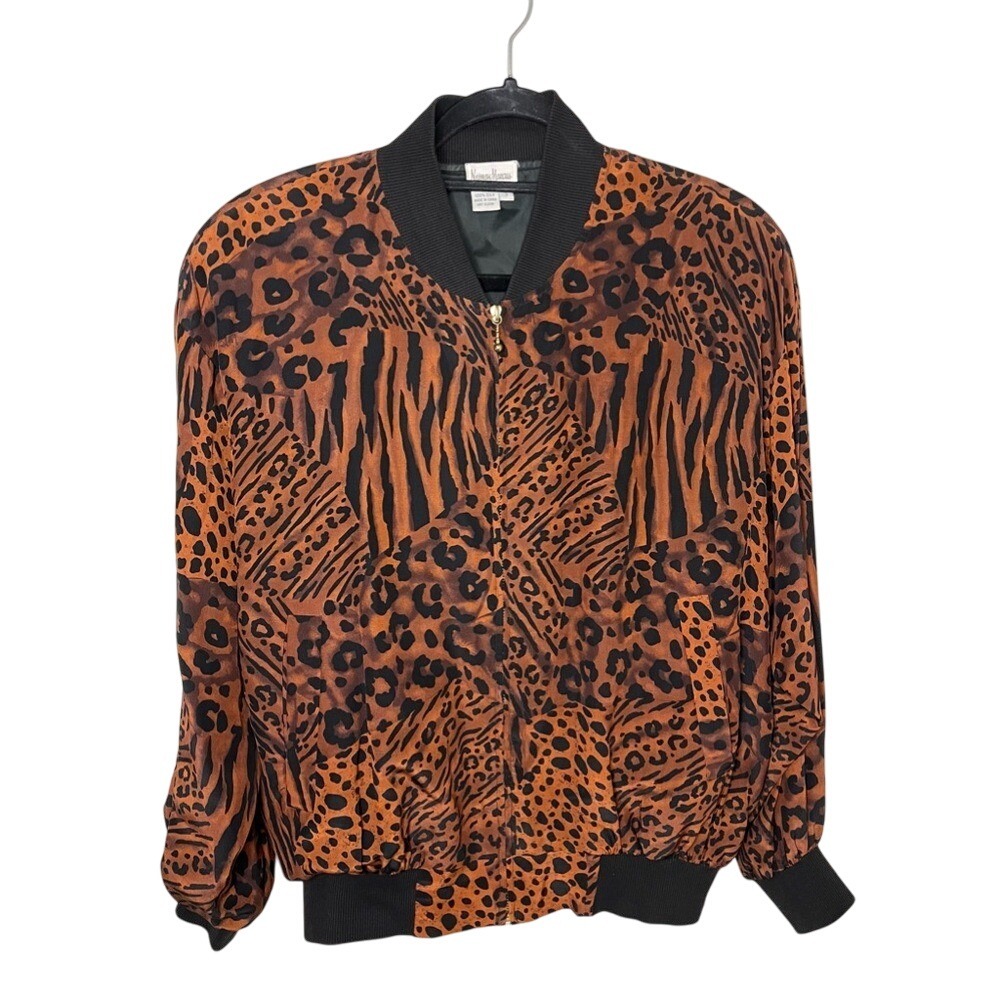 Neiman Marcus 100% Silk Animal Print Bomber Jacket Size Small Vintage Luxe - Picture 3 of 9
